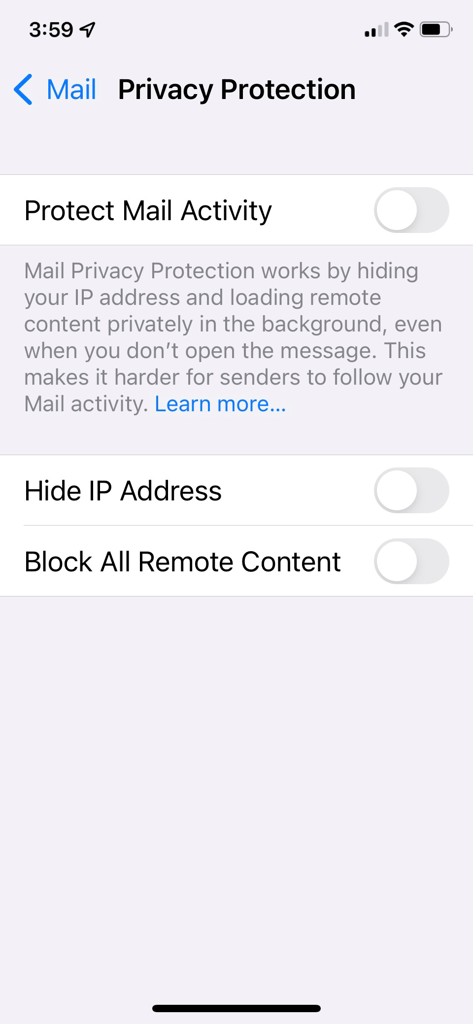 turn off Mail Privacy Protection